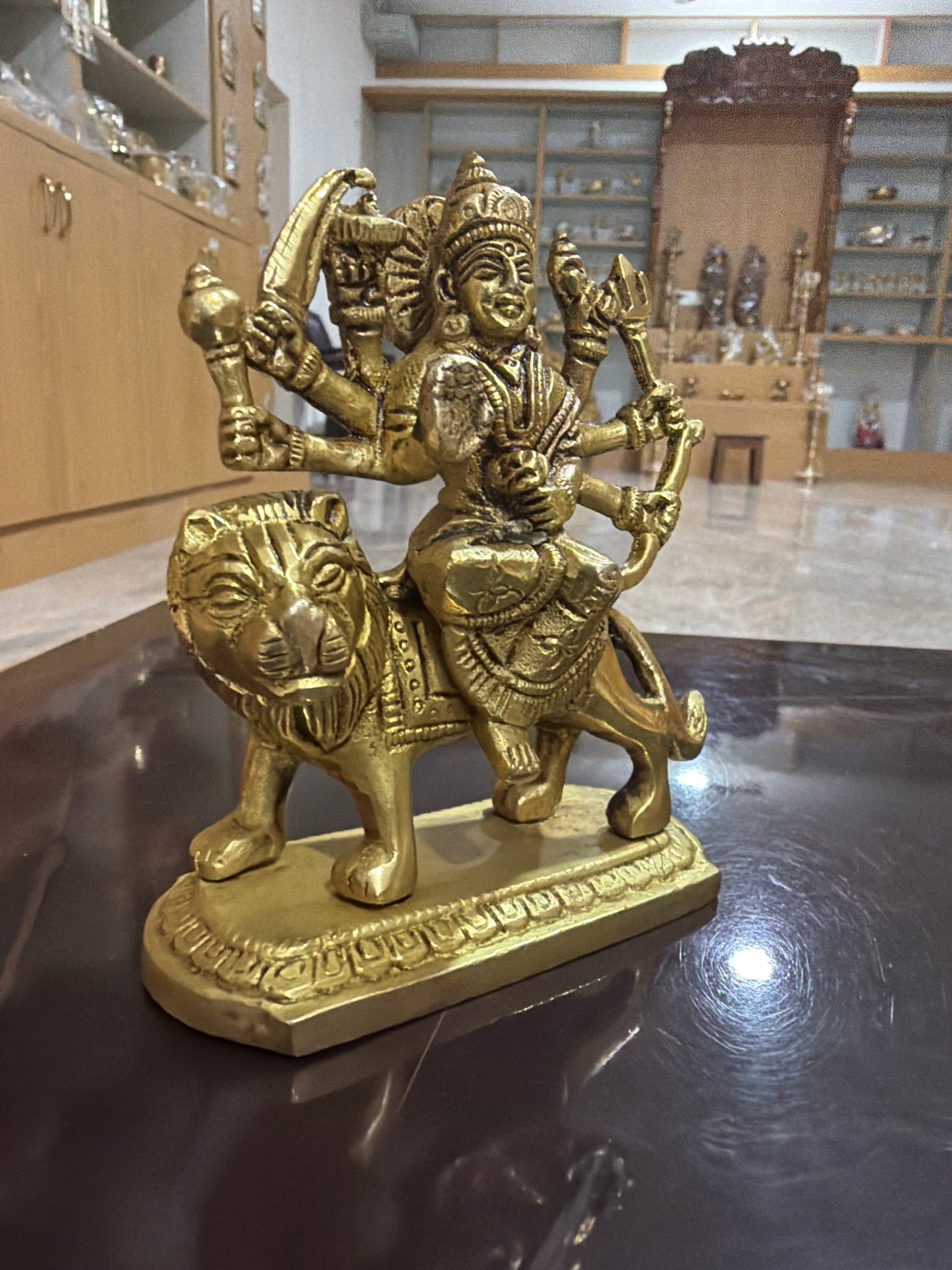 Durga Devi On Lion Gold Finish ( 4.5 inches )