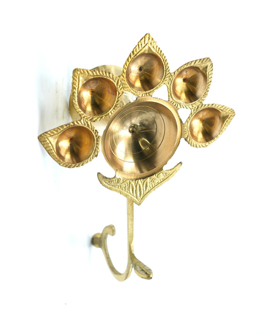 Brass Panch Aarti Diya Stand with Handle – 5 Wick Oil Lamp