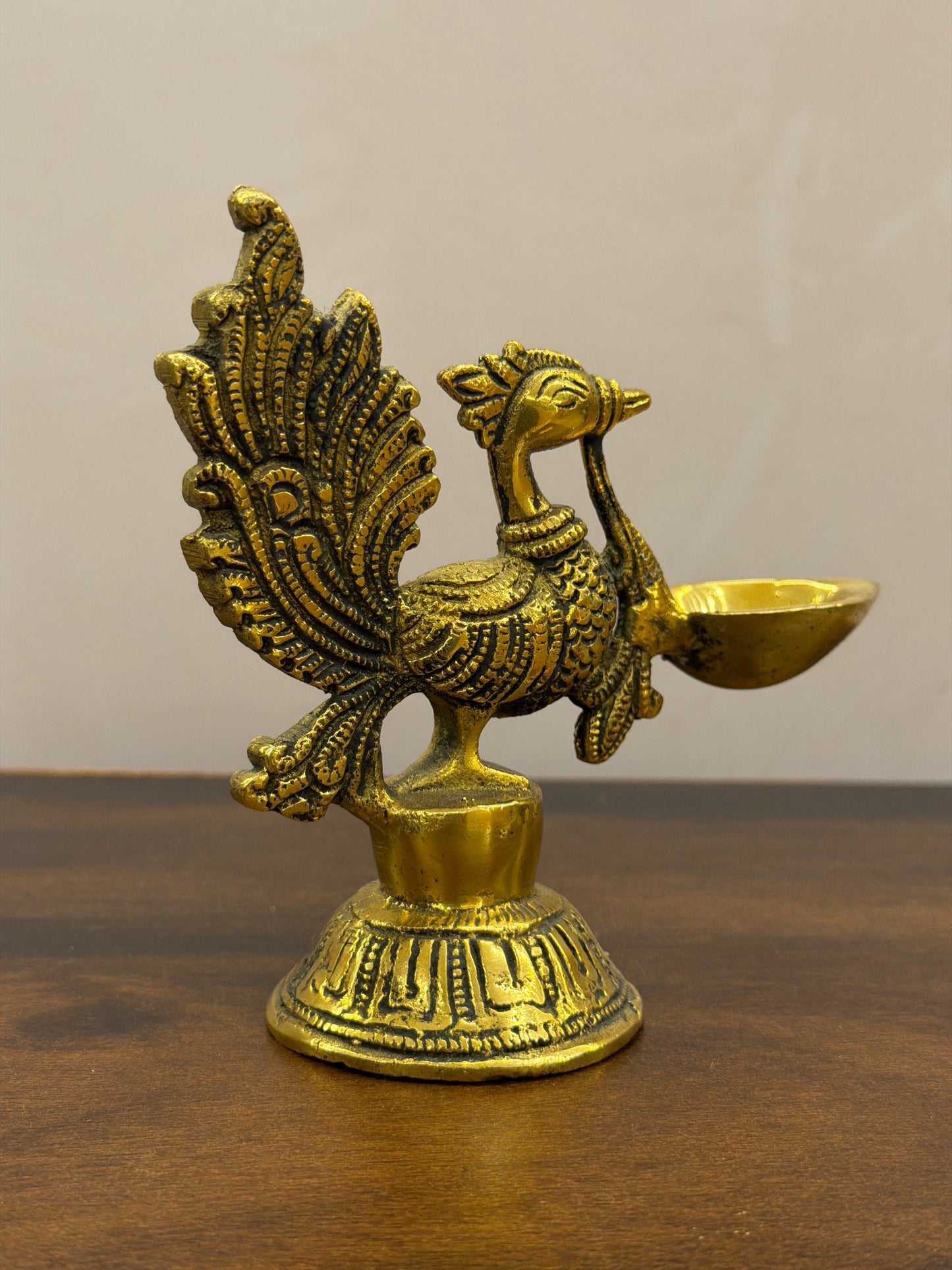 Brass Peacock Diya – Decorative Oil Lamp with Bird Design