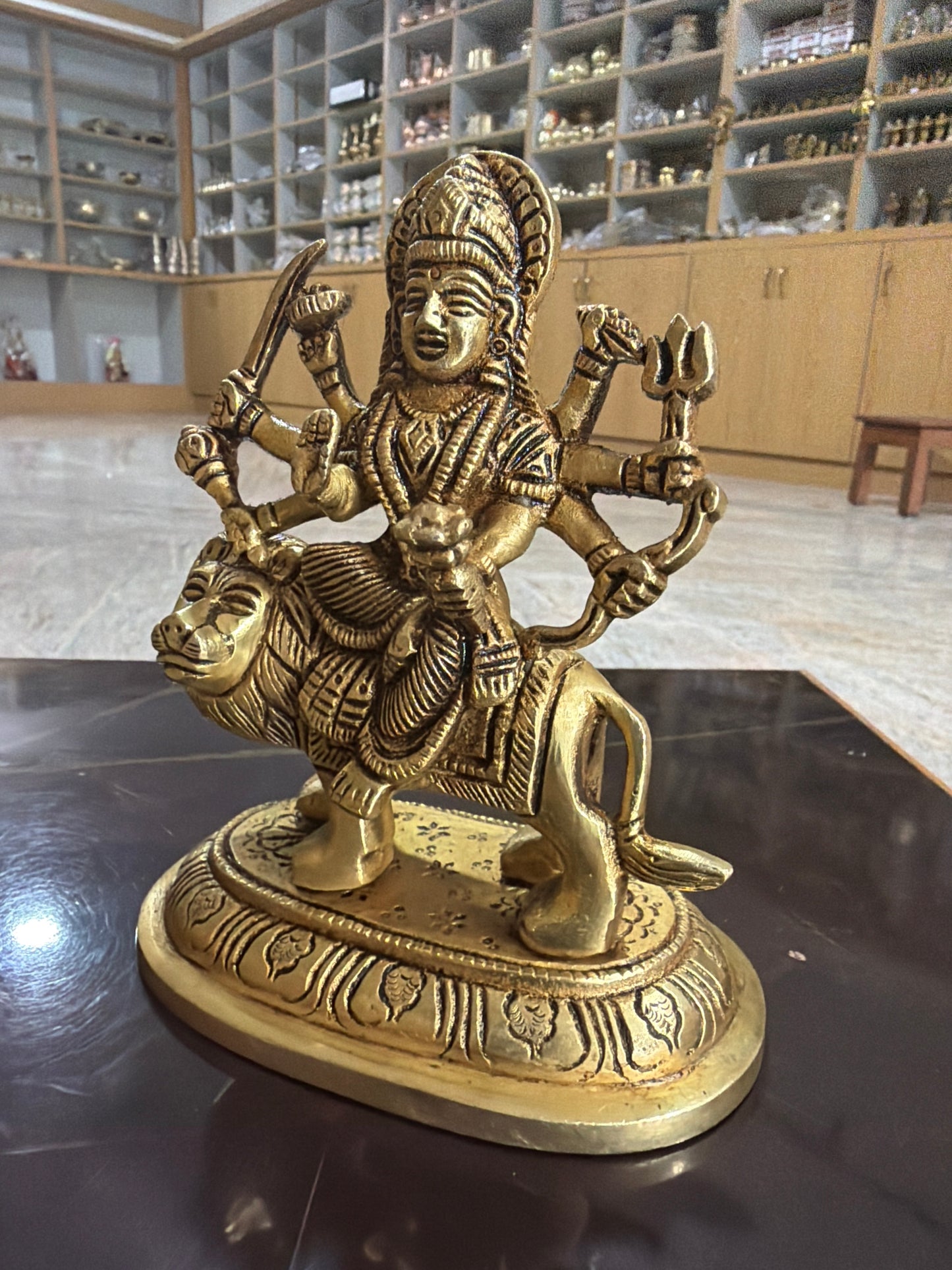 Durga Davi On Lion Gold Finish ( 6 inches )