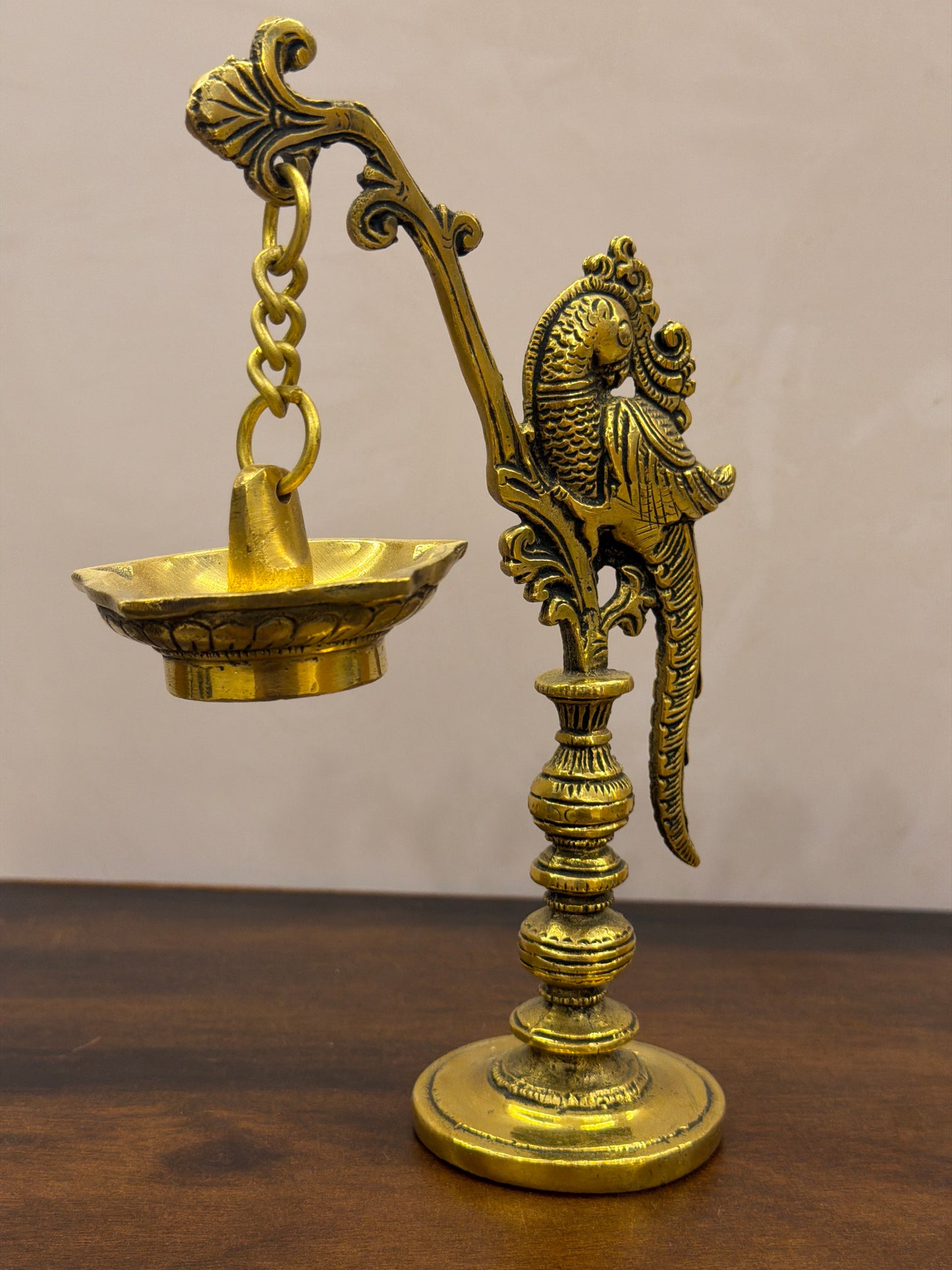 Long peacock diya with hanging lamp made in brass - 8.2 Inches Height