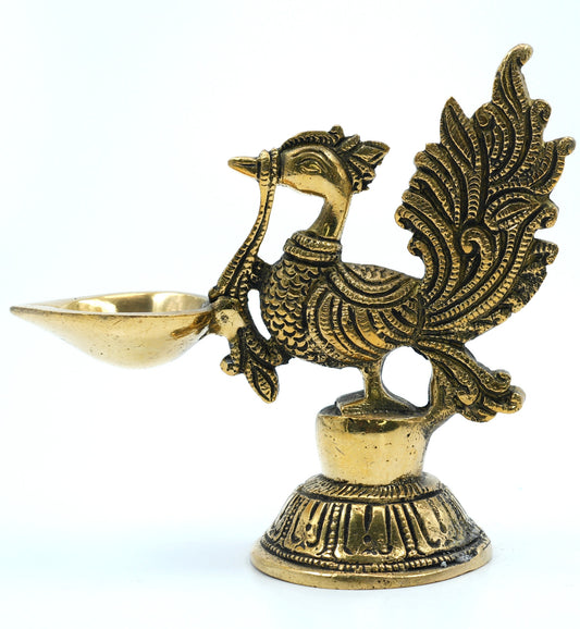 Brass Peacock Diya – Decorative Oil Lamp with Bird Design
