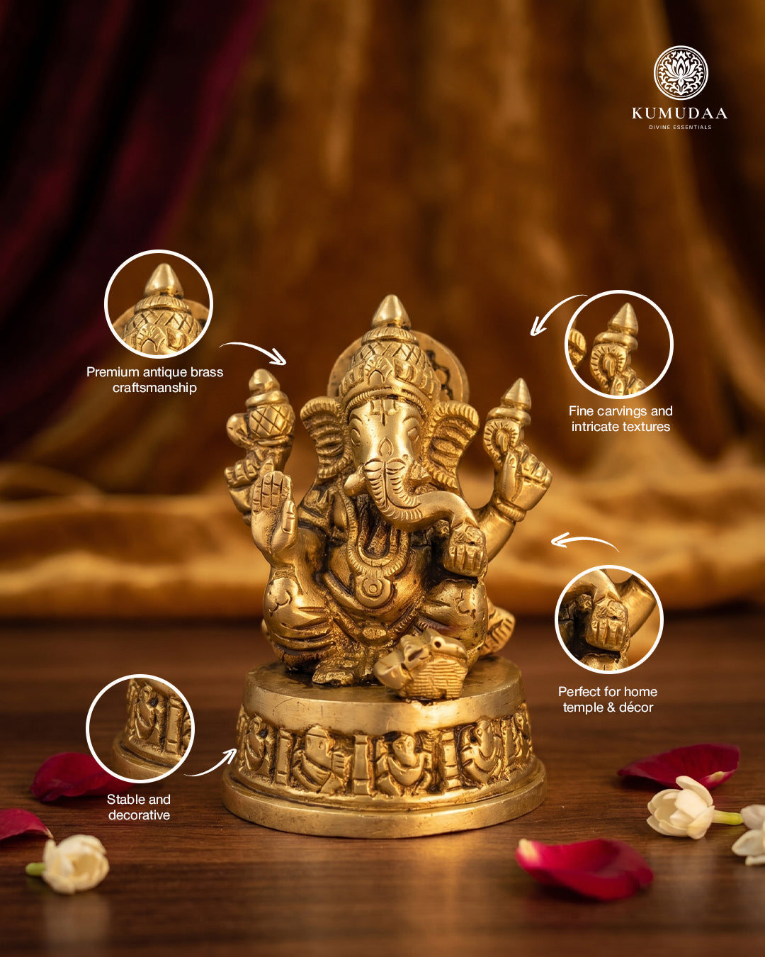 Ganesha Sitting on Base – 3 Inches Gold Finish Idol