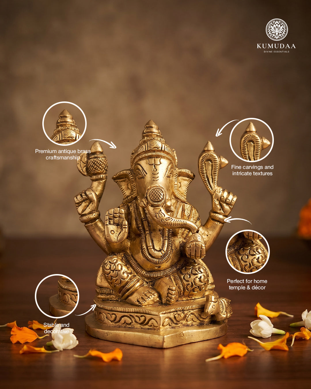 Ganesha Sitting on Base – 3.5 Inches Gold Finish Idol