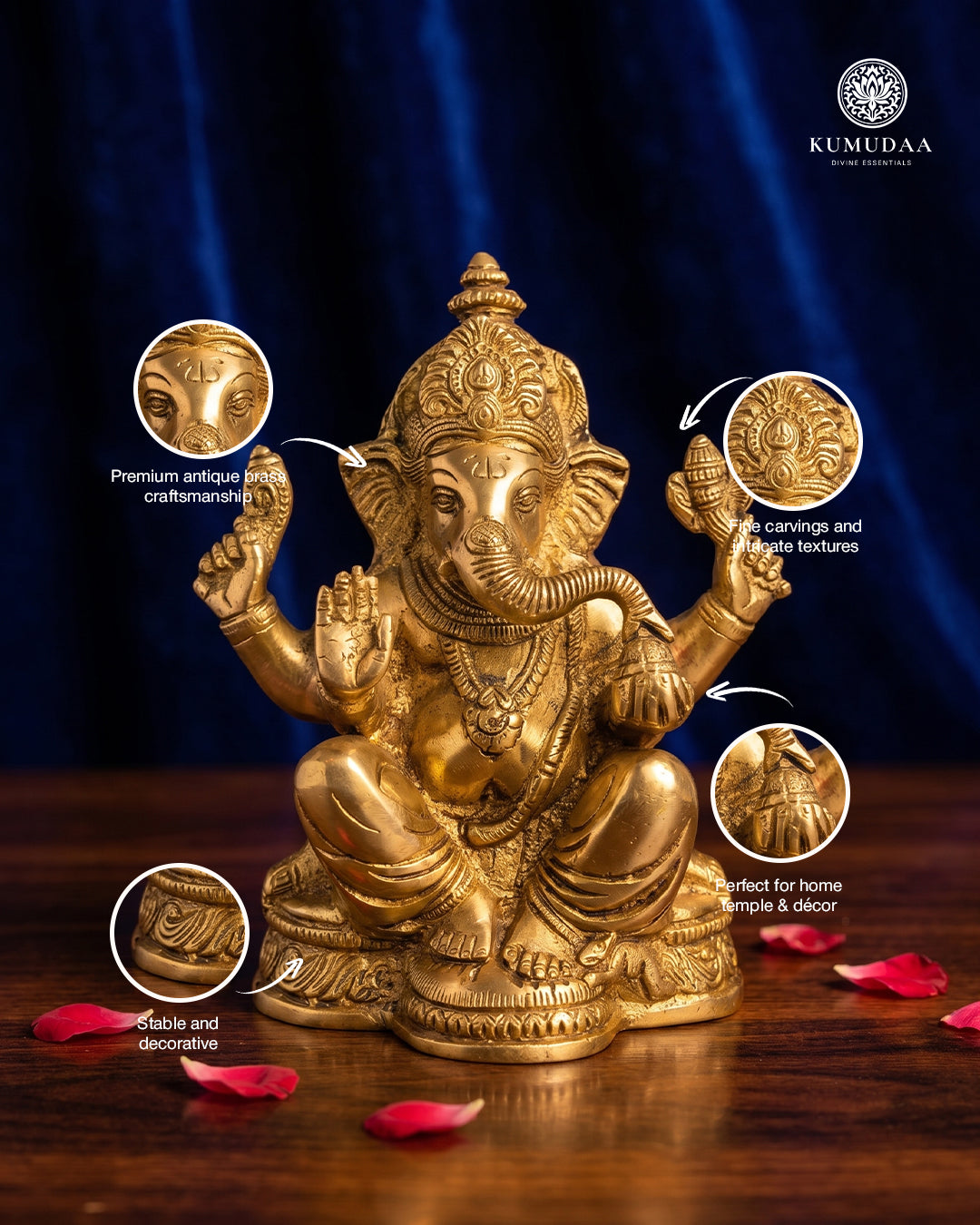 Ganesha Sitting on Base – 3.5 Inches Gold Finish Idol