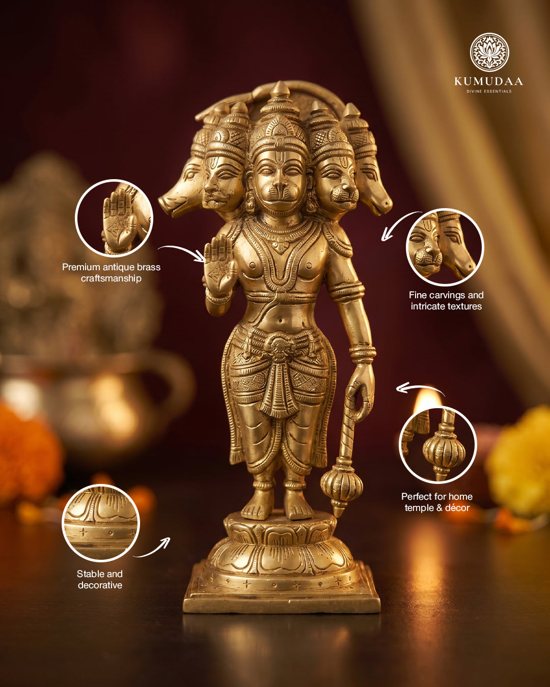 Panchamukha Hanuman – 15 Inches Antique Brass Idol
