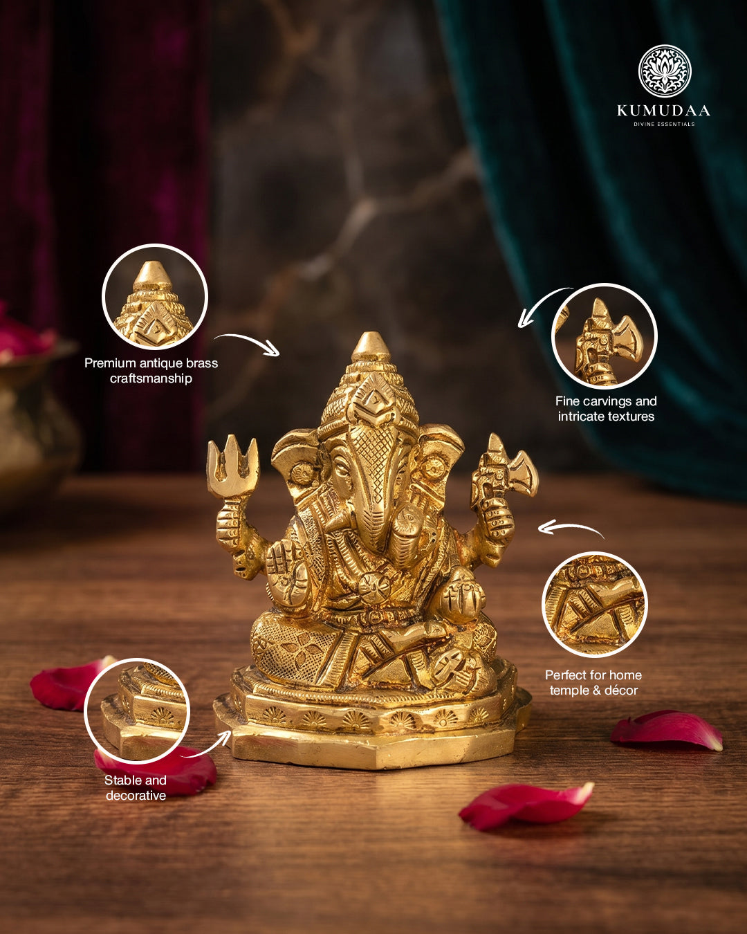 Veera Ganapathi with Axe & Trident – 2.5 Inches Gold Finish Idol