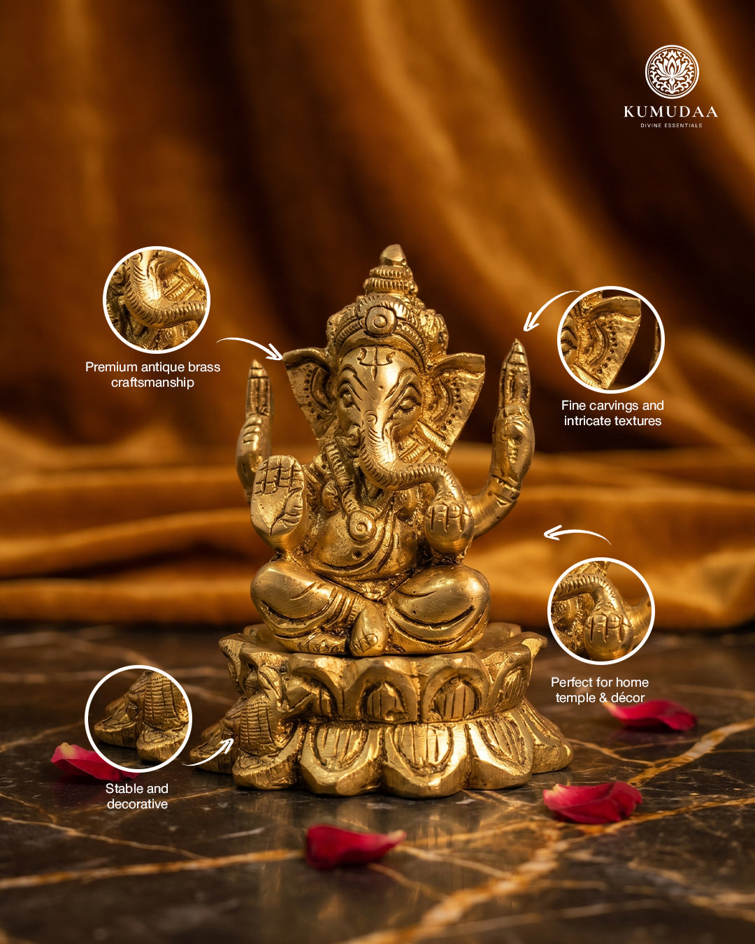 Ganesha Sitting on Lotus – 3 Inches Gold Finish Idol