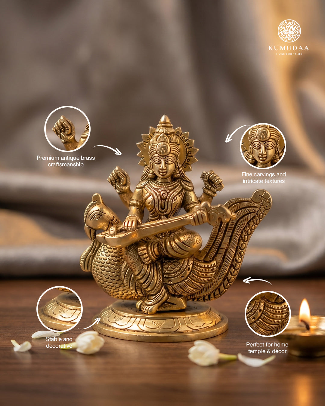 Saraswati Devi on Swan – Gold Finish Idol (4.5 Inches)