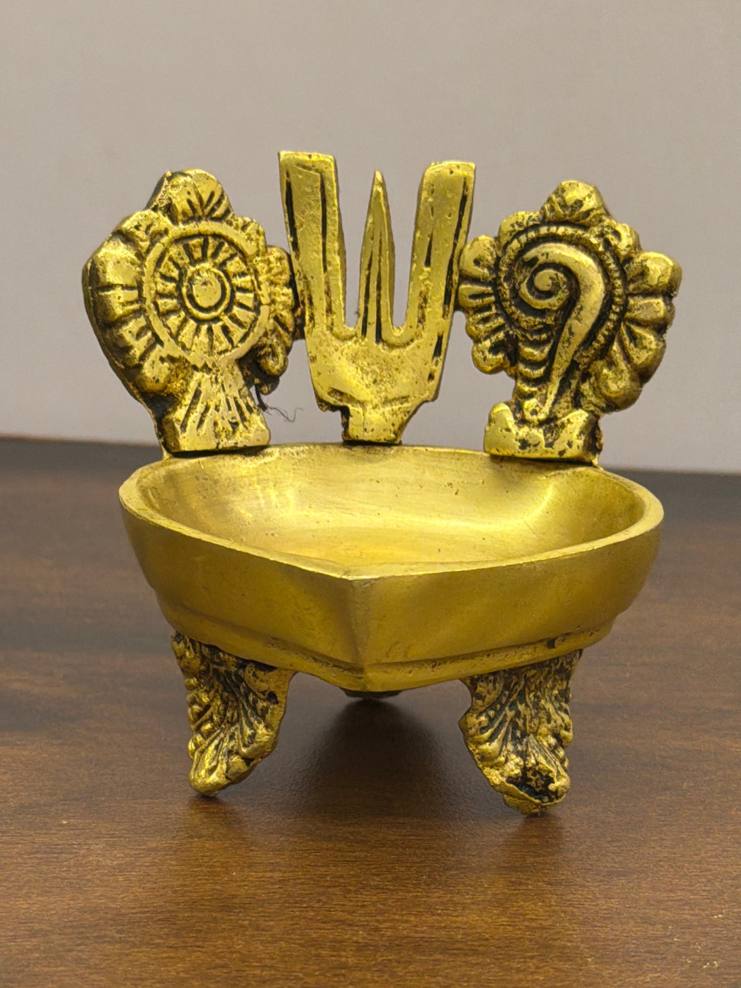 Sacred Symbol Brass Diya – Shankh Chakra Tilak Design - 3 inches