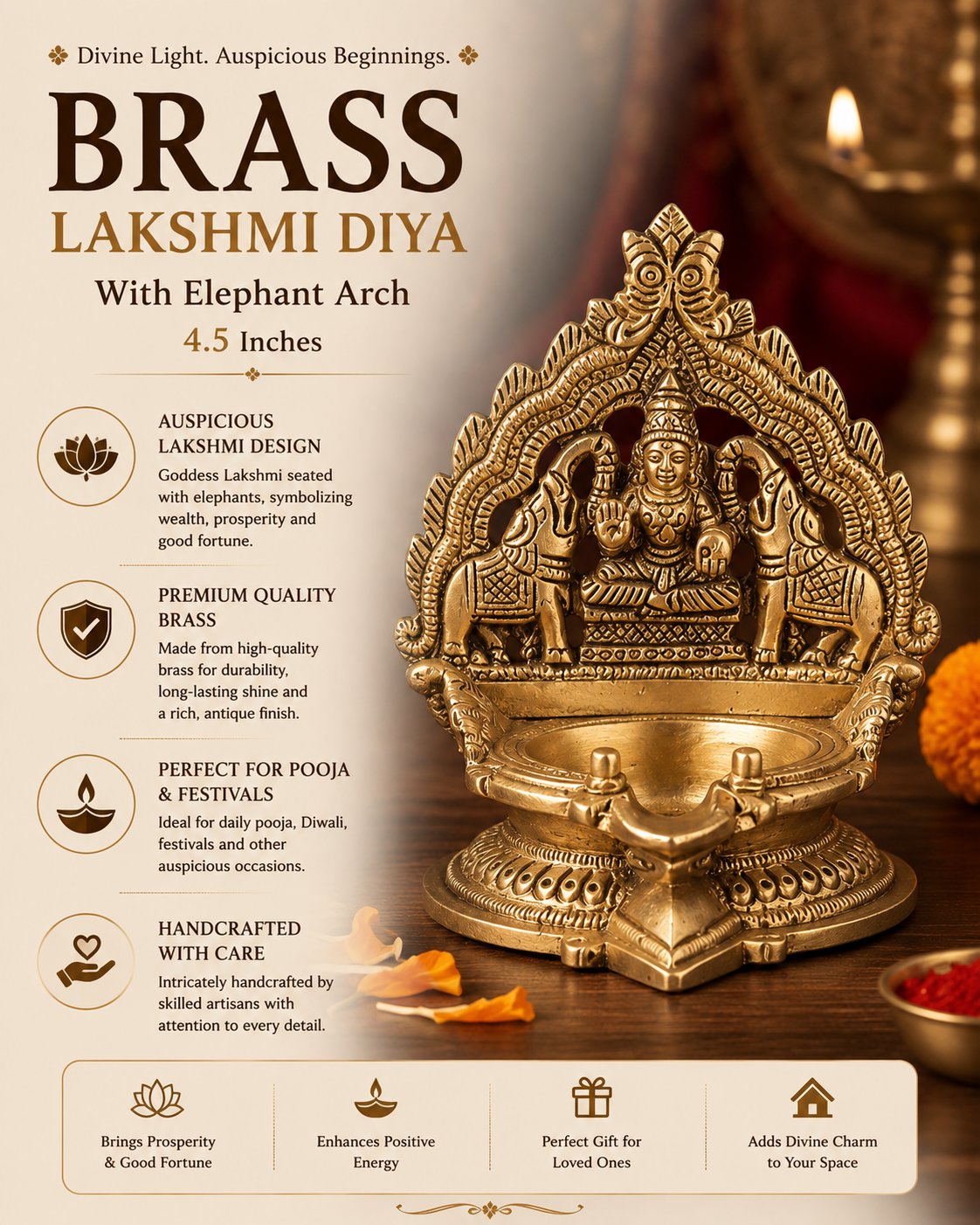 Brass Lakshmi pooja lamp with elephant arch shown from the side
