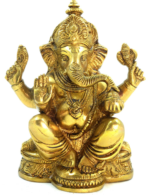 Ganesha Sitting on Base – 3.5 Inches Gold Finish Idol