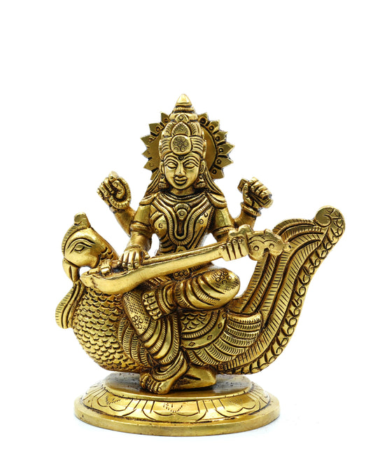 Saraswati Devi on Swan – Gold Finish Idol (4.5 Inches)