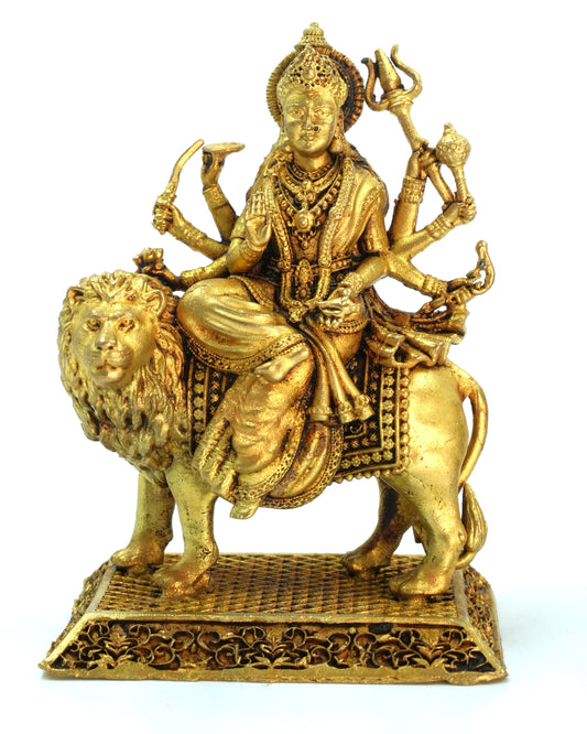 Durga Devi with Lion – Antique Gold Finish Brass Idol