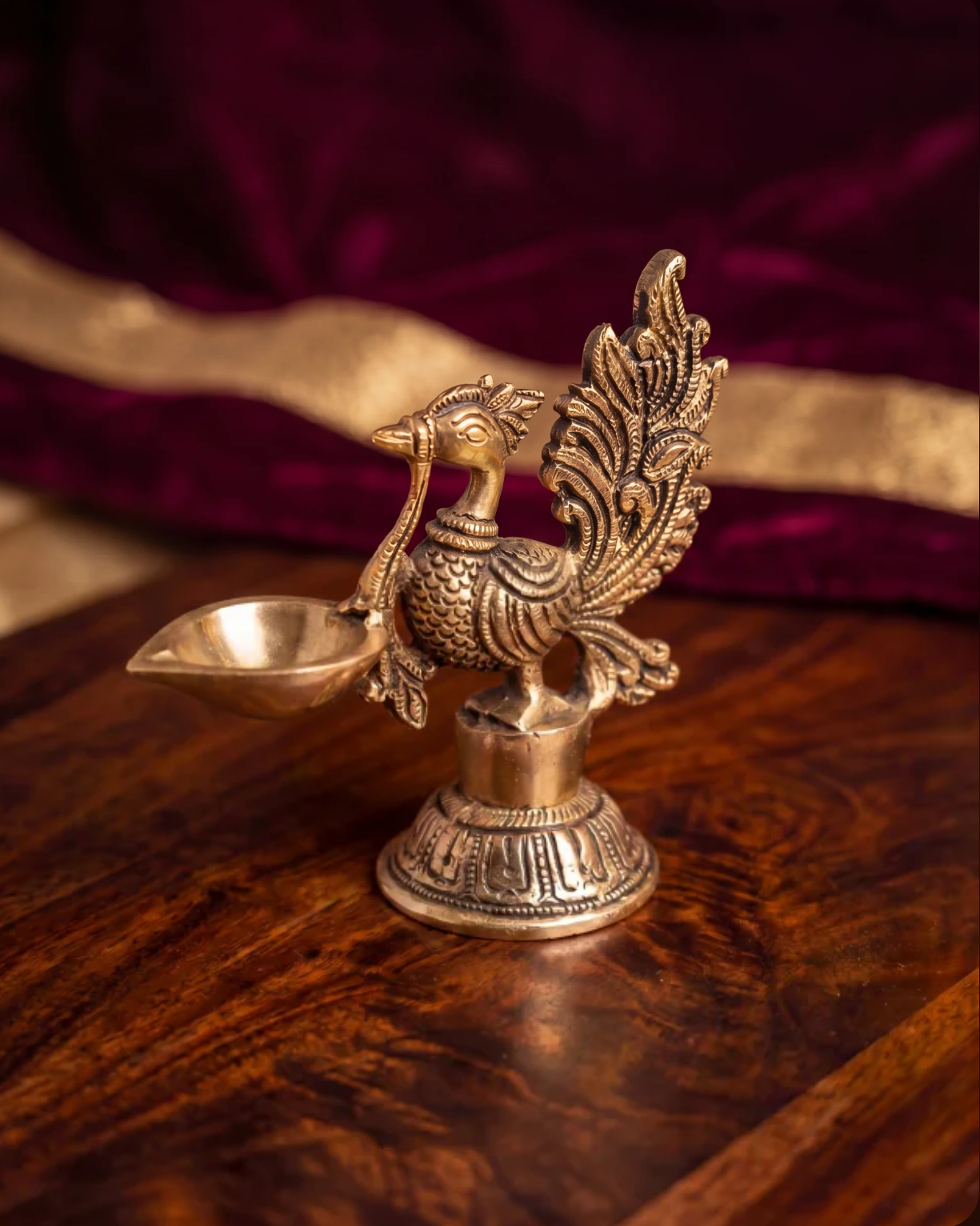 Brass Peacock Diya – Decorative Oil Lamp with Bird Design