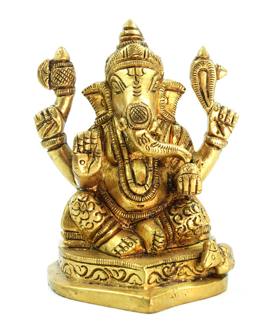 Ganesha Sitting on Base – 3.5 Inches Gold Finish Idol