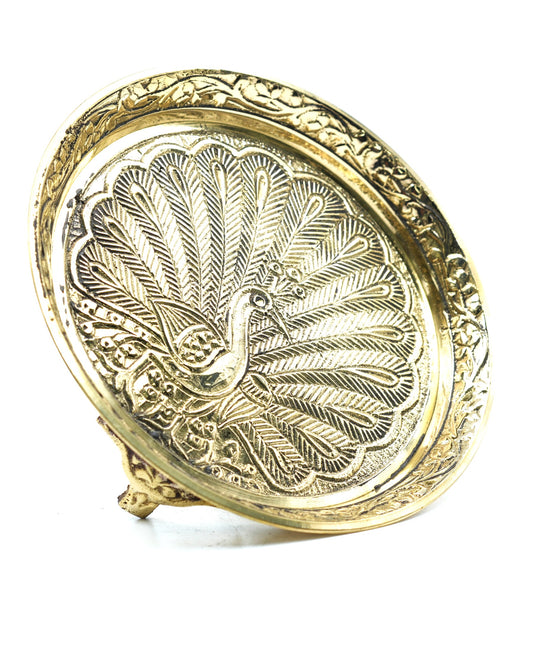 Handcrafted Brass Plate – Peacock Engraved Pooja Thali
