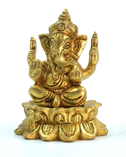Ganesha Sitting on Lotus – 3 Inches Gold Finish Idol