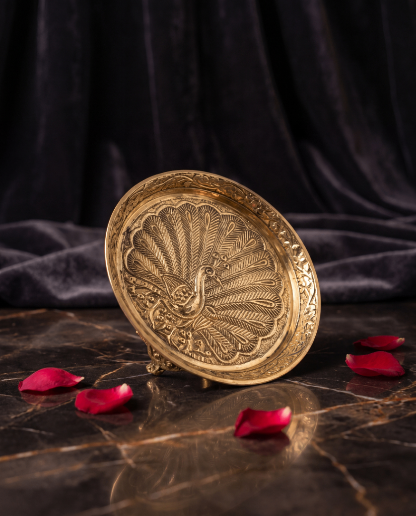 Handcrafted Brass Plate – Peacock Engraved Pooja Thali