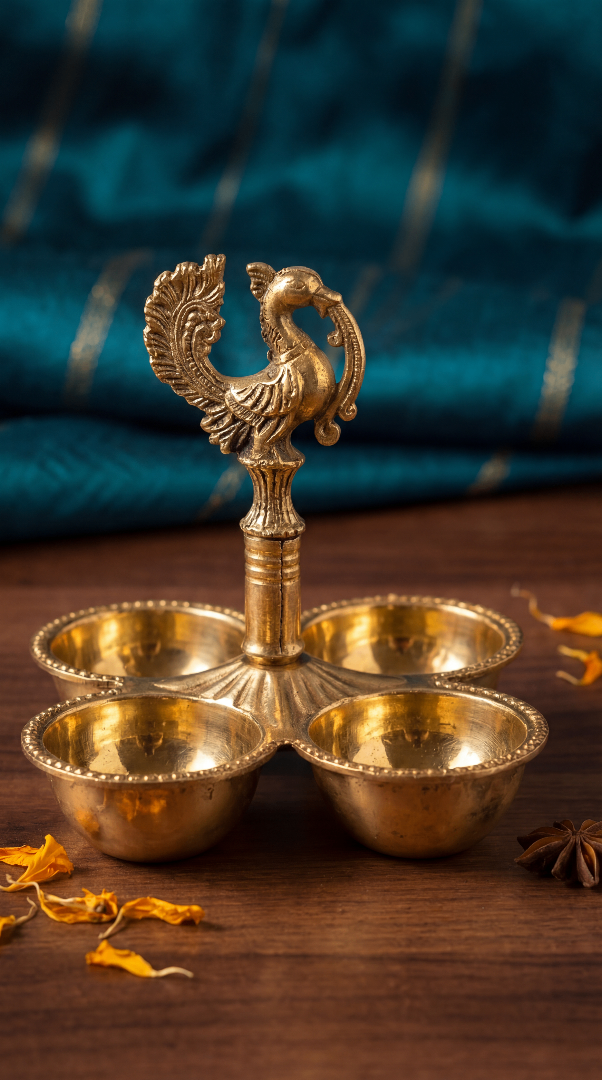 Brass Panch Aarti Diya Stand – 5 Wick Oil Lamp with Peacock Handle - 4.5 inches