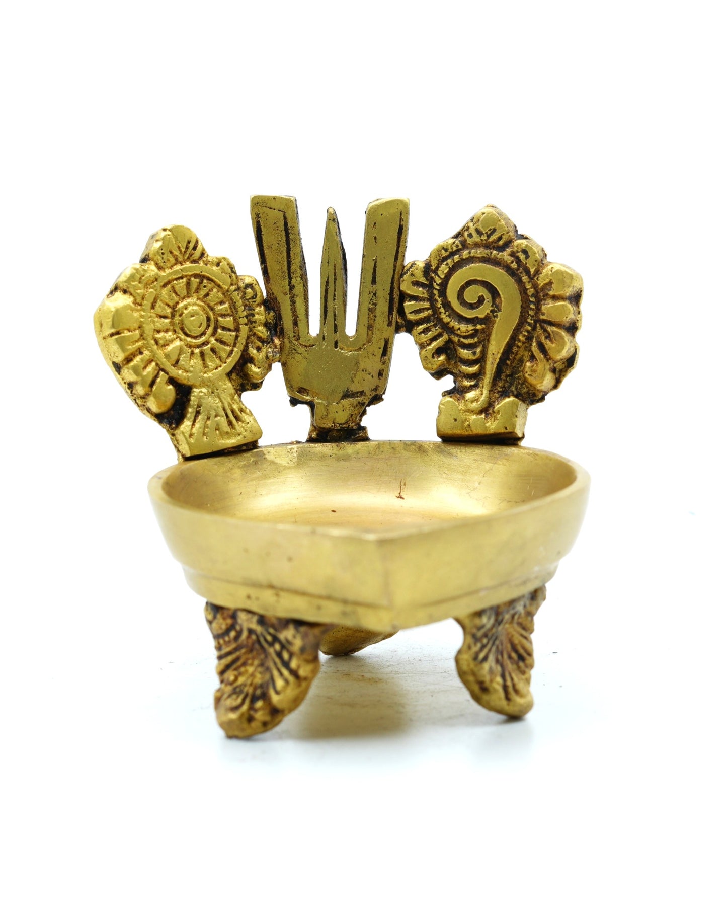 Sacred Symbol Brass Diya – Shankh Chakra Tilak Design - 3 inches