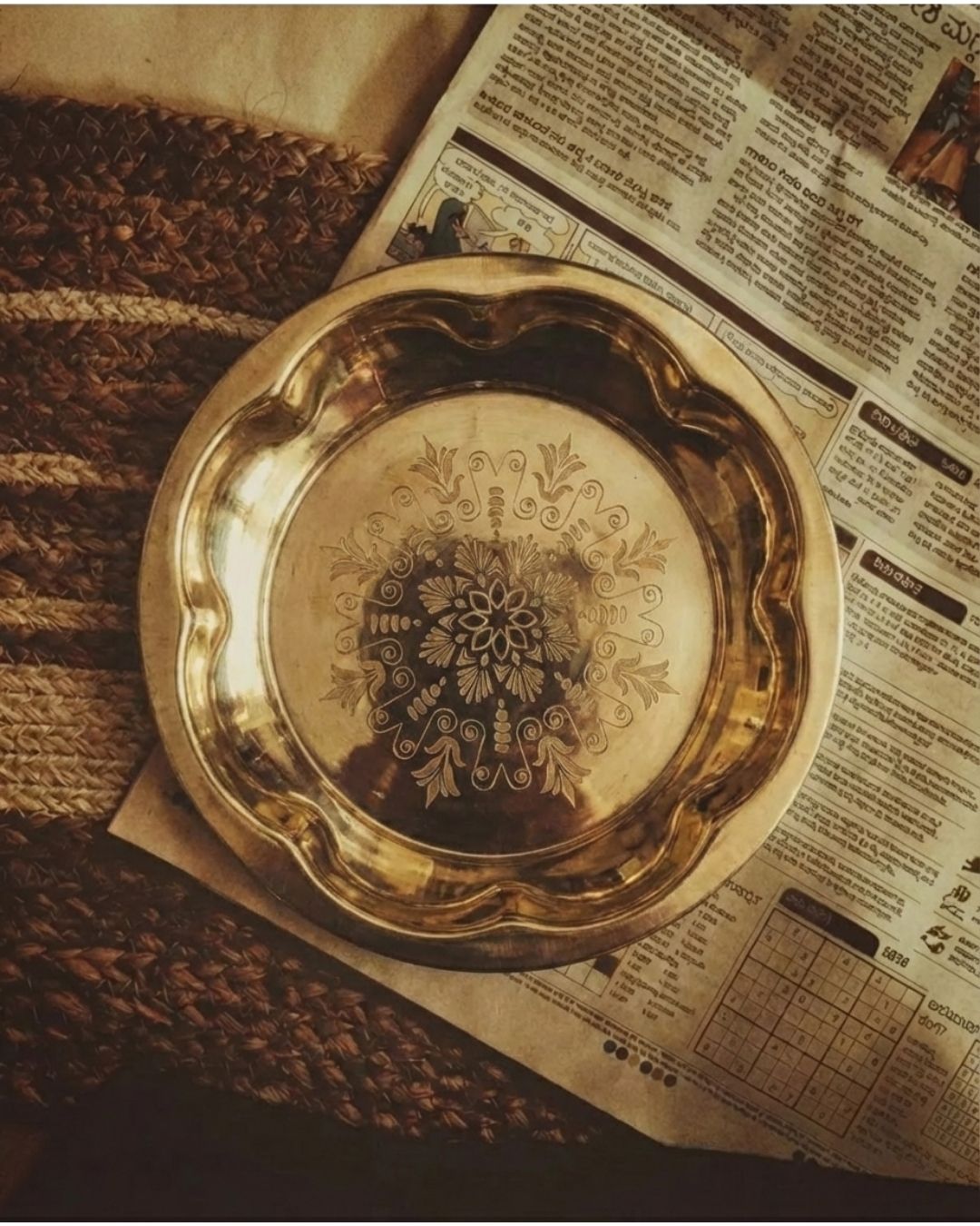 Beautiful brass plate with flower shaped border and laser print in the middle