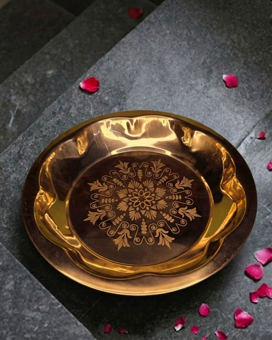 Beautiful brass plate with flower shaped border and laser print in the middle