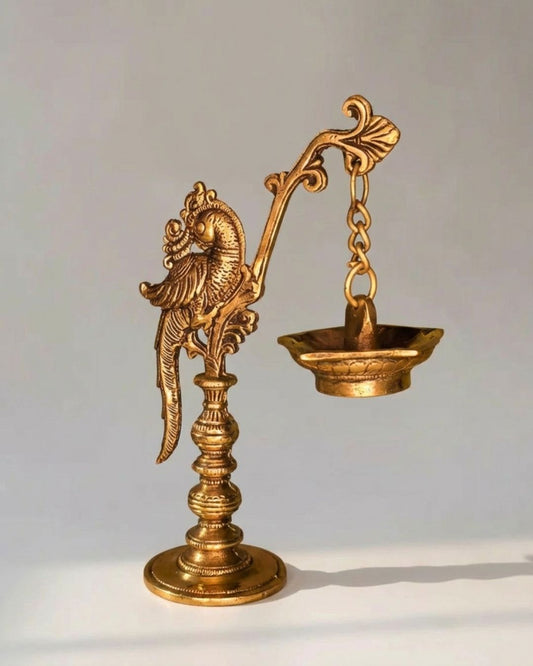 Long peacock diya with hanging lamp made in brass - 8.2 Inches Height
