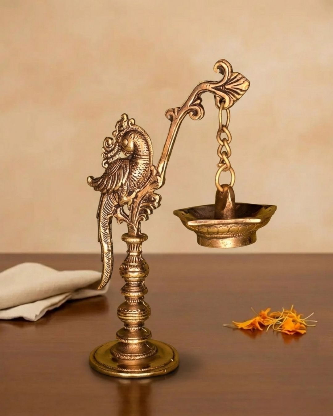 Long peacock diya with hanging lamp made in brass - 8.2 Inches Height