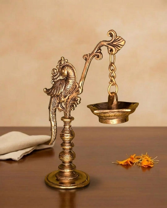 Long peacock diya with hanging lamp made in brass - 8.2 Inches Height