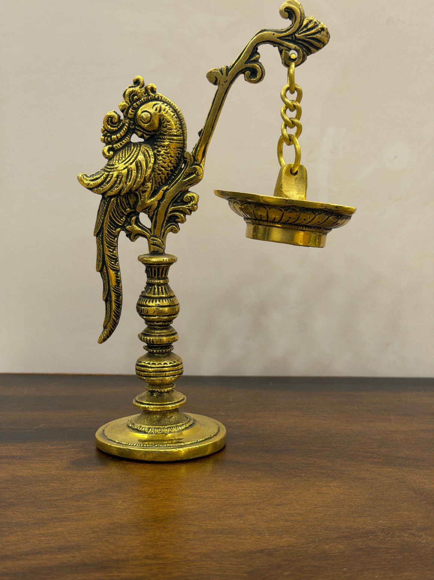 Long peacock diya with hanging lamp made in brass - 8.2 Inches Height