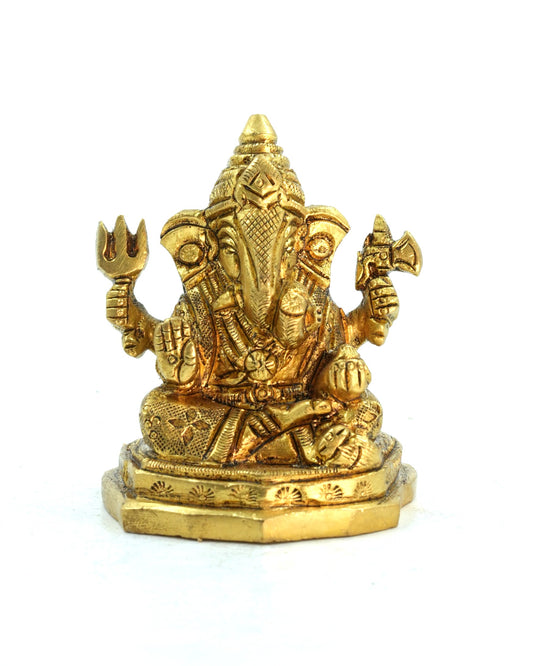 Veera Ganapathi with Axe &amp; Trident – 2.5 Inches Gold Finish Idol