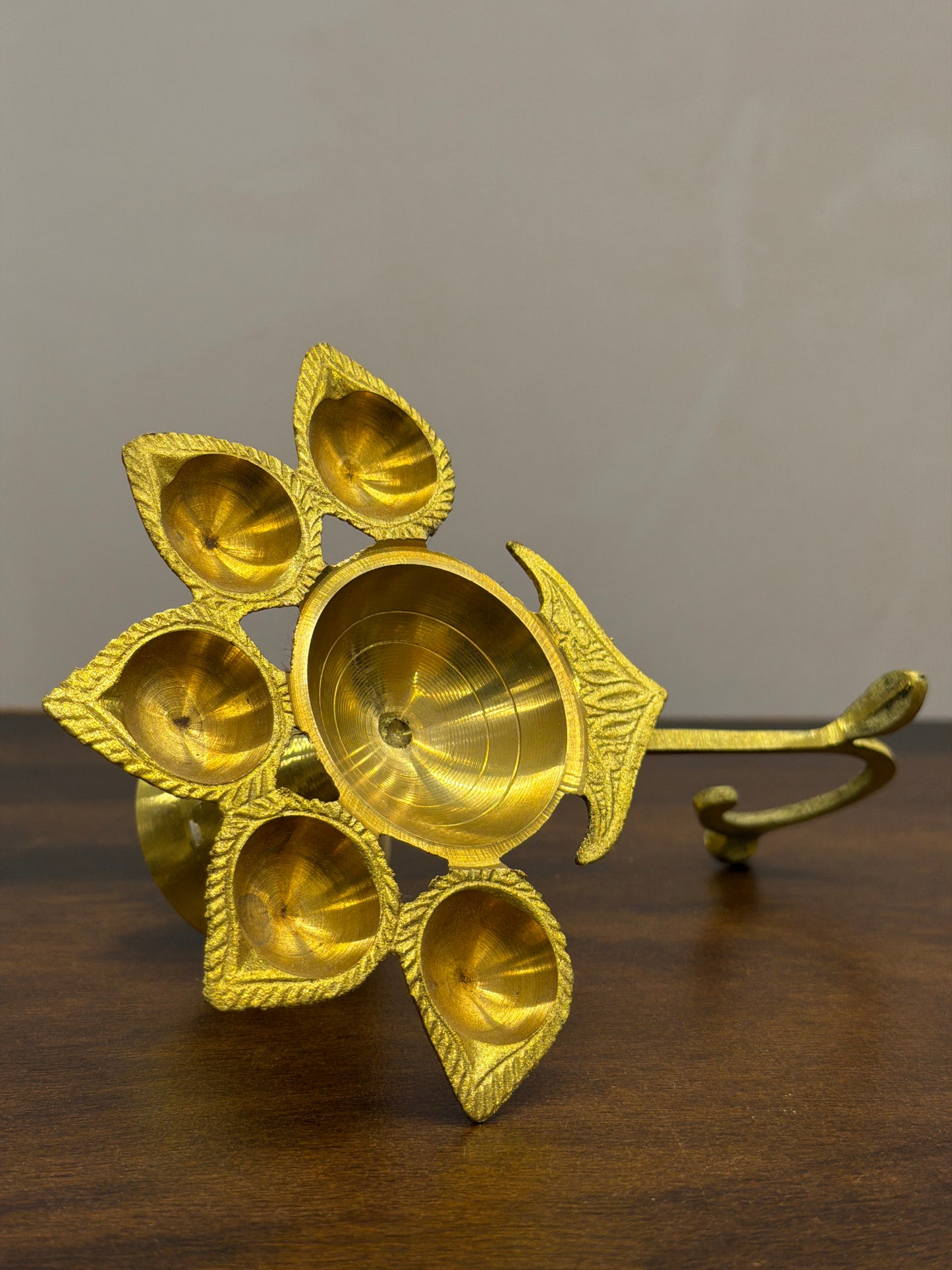 Brass Panch Aarti Diya Stand with Handle – 5 Wick Oil Lamp