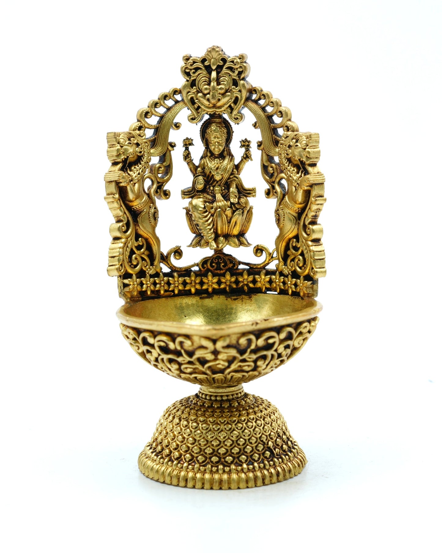 Brass Lakshmi Deepam – Ornate Pedestal Diya with Elephant Arch - 5 inches