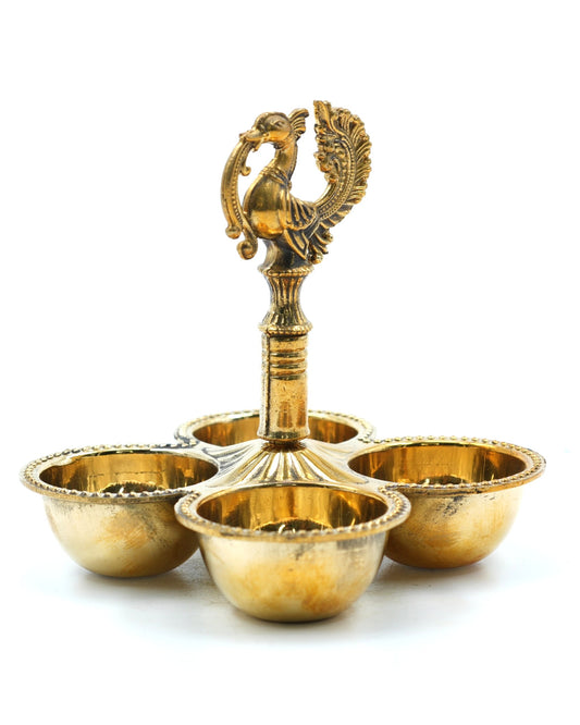 Brass Panch Aarti Diya Stand – 5 Wick Oil Lamp with Peacock Handle - 4.5 inches