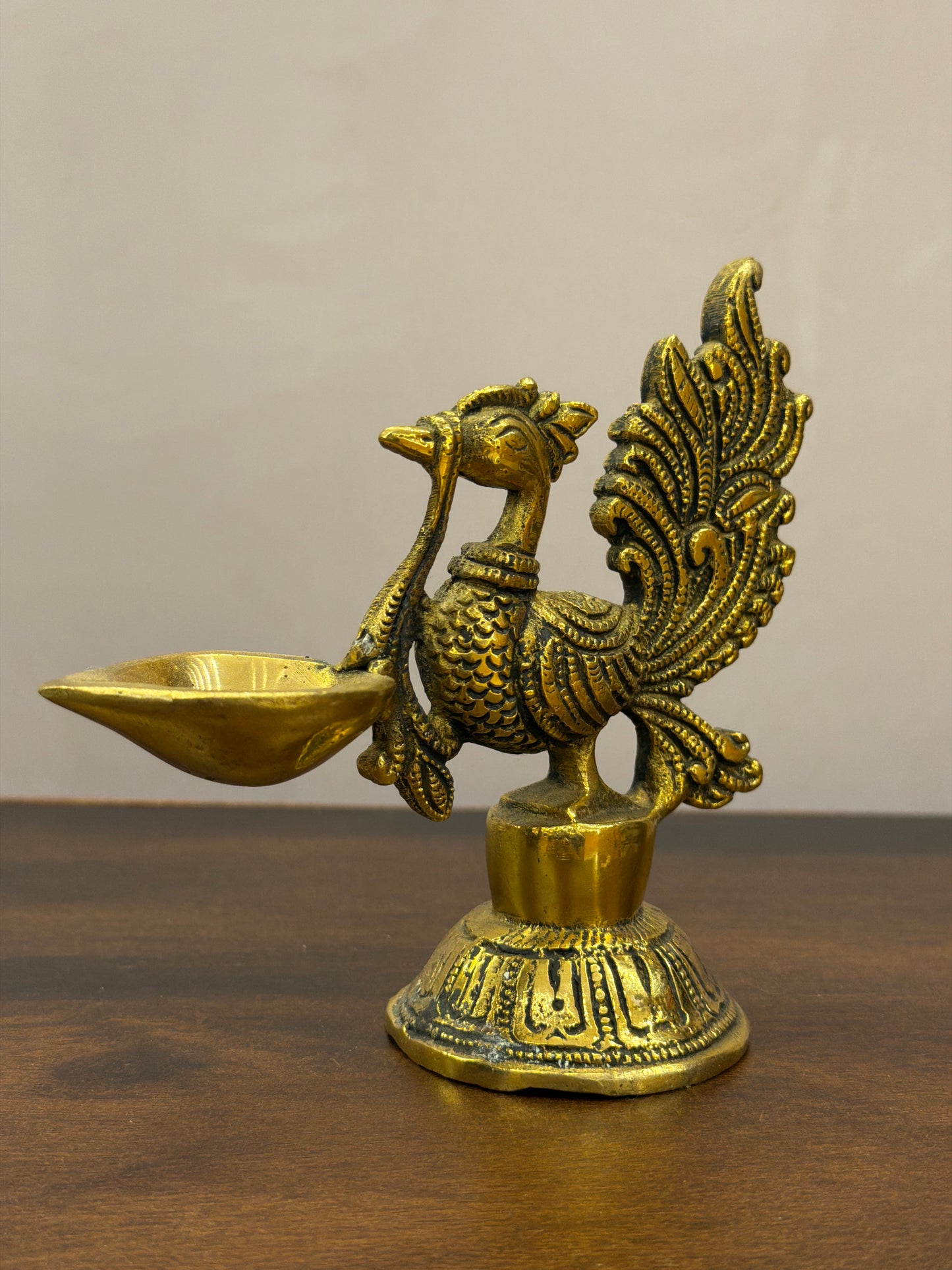 Brass Peacock Diya – Decorative Oil Lamp with Bird Design