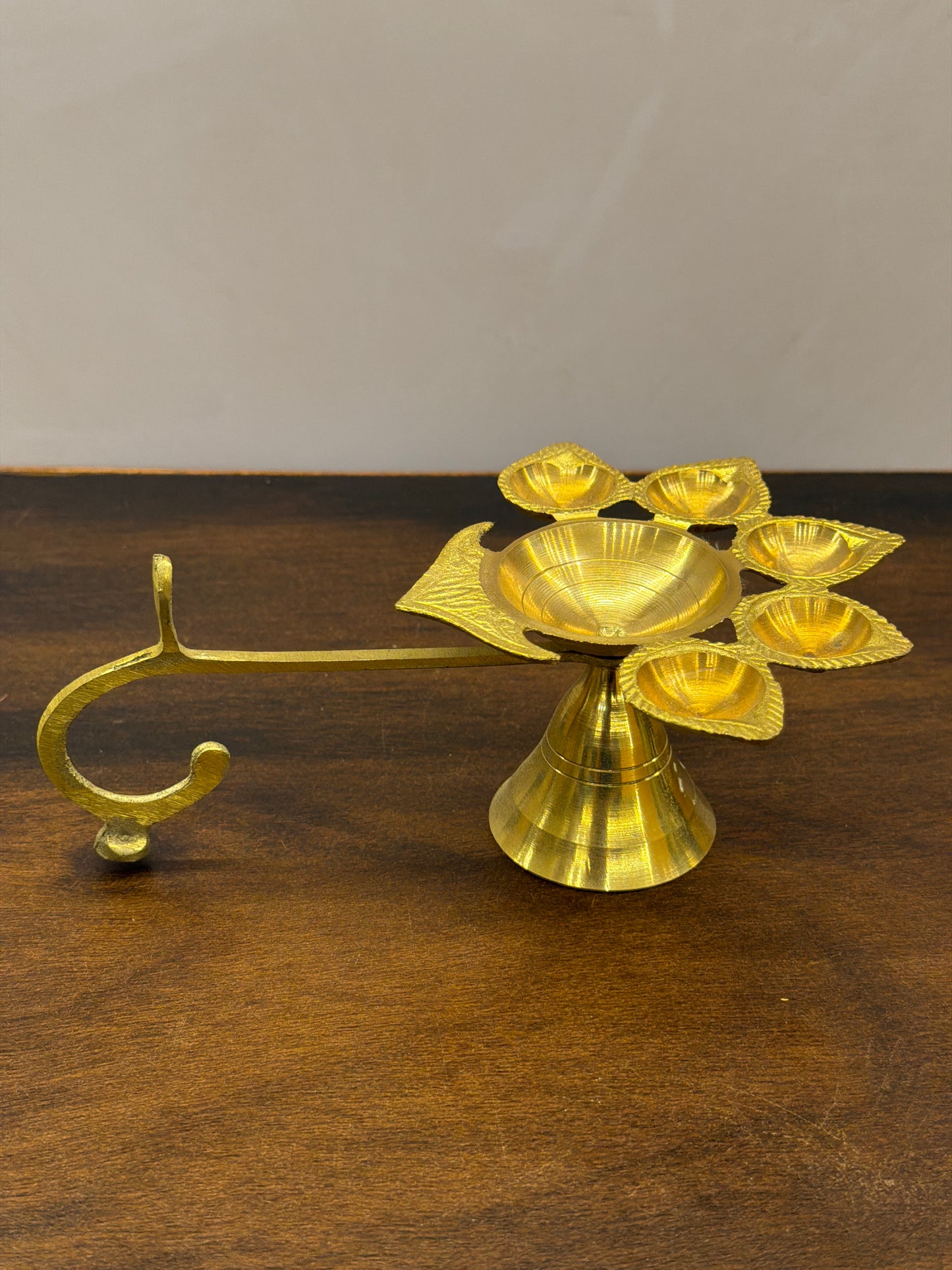 Brass Panch Aarti Diya Stand with Handle – 5 Wick Oil Lamp