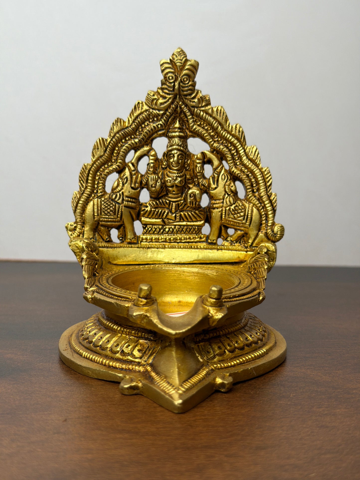 Brass Lakshmi Diya with Elephant Arch – Handcrafted Pooja Lamp - 4.5 inches