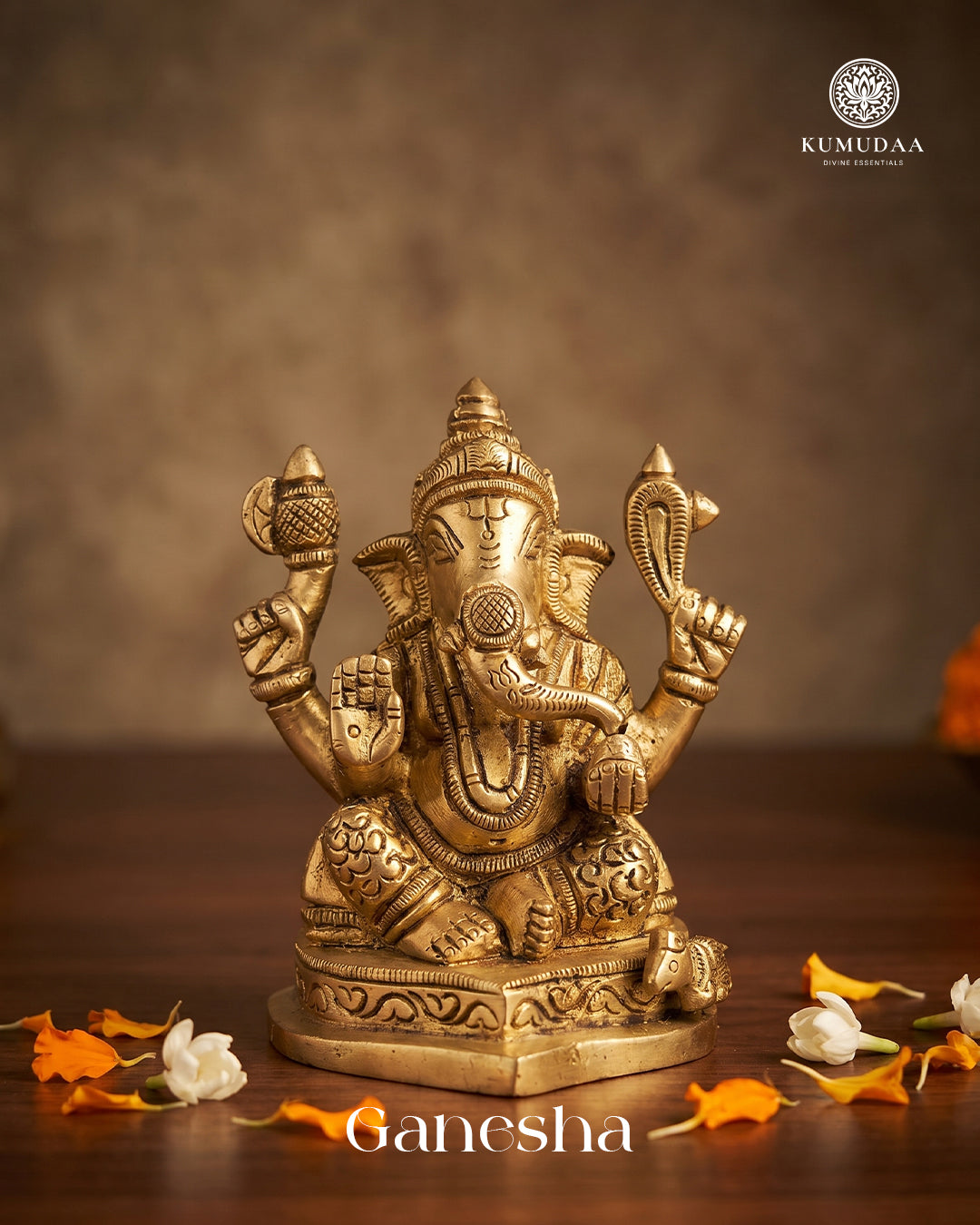 Ganesha Sitting on Base – 3.5 Inches Gold Finish Idol