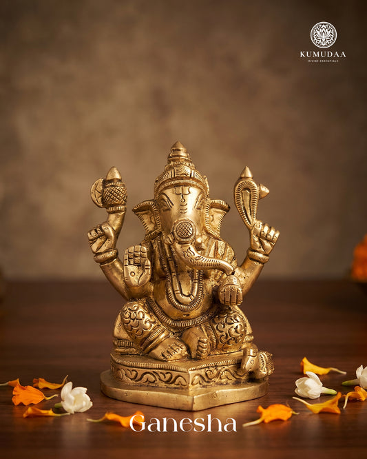 Ganesha Sitting on Base – 3.5 Inches Gold Finish Idol