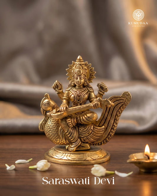 Saraswati Devi on Swan – Gold Finish Idol (4.5 Inches)