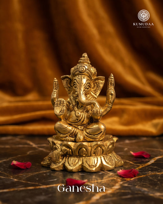 Ganesha Sitting on Lotus – 3 Inches Gold Finish Idol