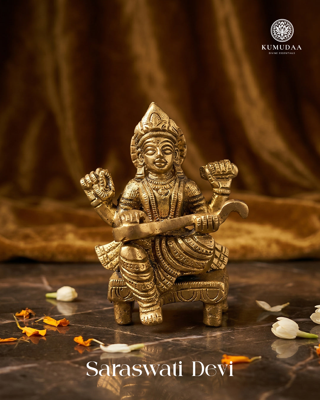 Saraswati Devi – Antique Gold Finish Brass Idol (3 inches)