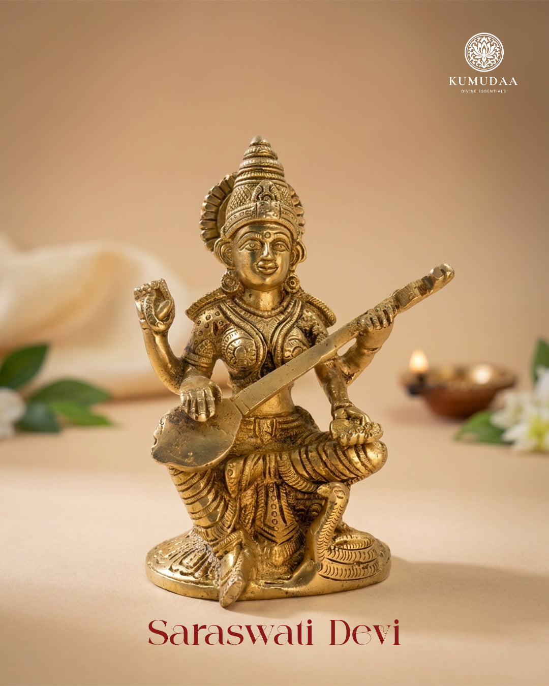 Saraswati Devi – Gold Finish Idol (6.5 Inches)
