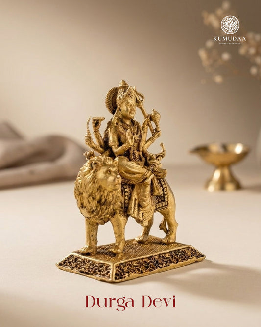 Durga Devi with Lion – Antique Gold Finish Brass Idol