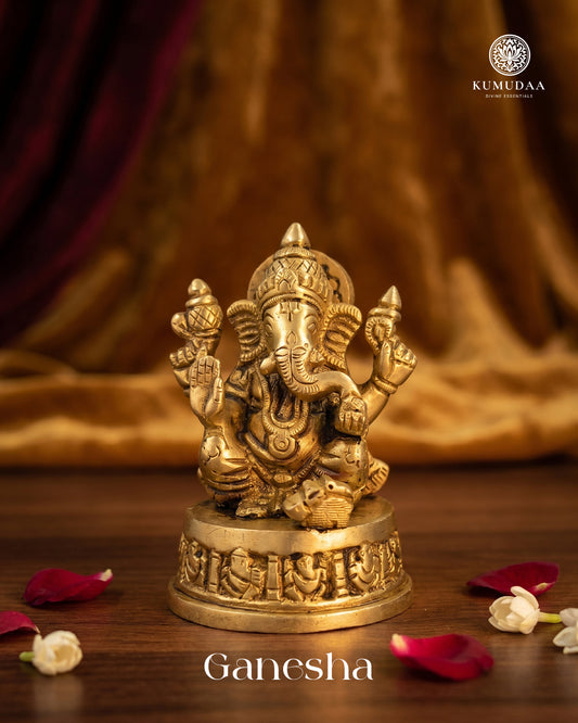 Ganesha Sitting on Base – 3 Inches Gold Finish Idol