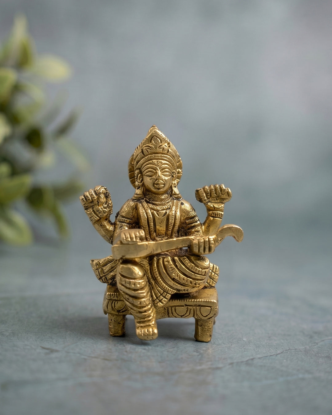 Saraswati Devi – Antique Gold Finish Brass Idol (3 inches)