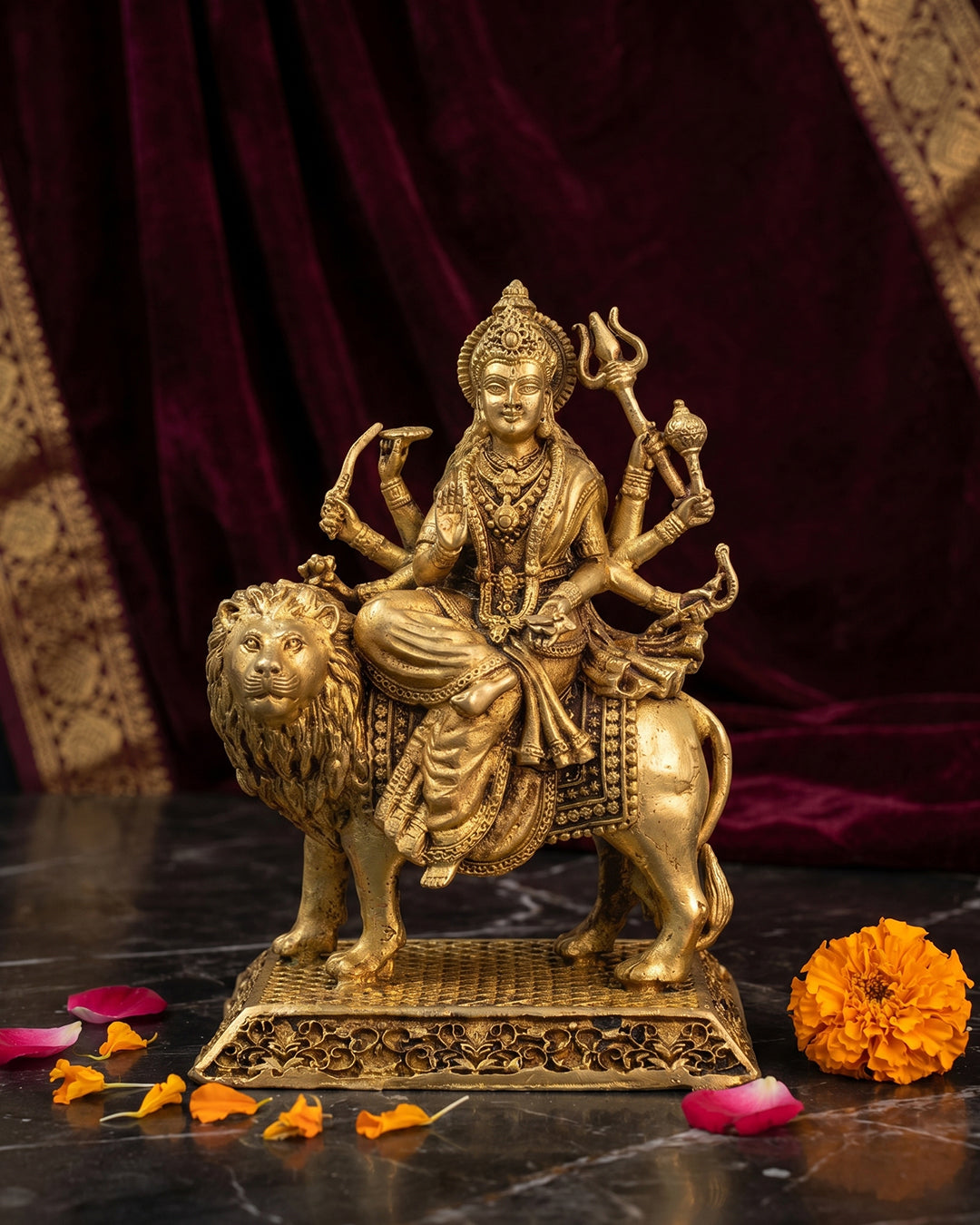 Durga Devi with Lion – Antique Gold Finish Brass Idol