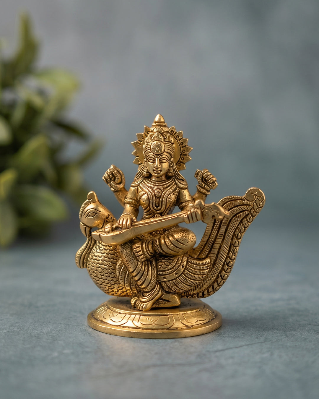Saraswati Devi on Swan – Gold Finish Idol (4.5 Inches)