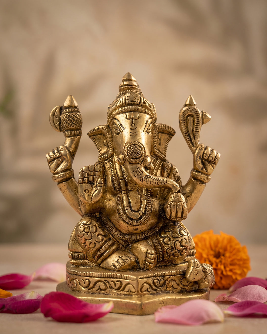 Ganesha Sitting on Base – 3.5 Inches Gold Finish Idol
